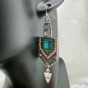 Vintage Silver and Green Geometric Drop Earrings